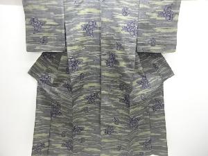 霞に花模様織出し手織り紬単衣着物